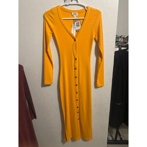 61 Yellow Long Sleeve Ribbed Midi Dress | Button Down Sweater Dress - Picture 2 of 3